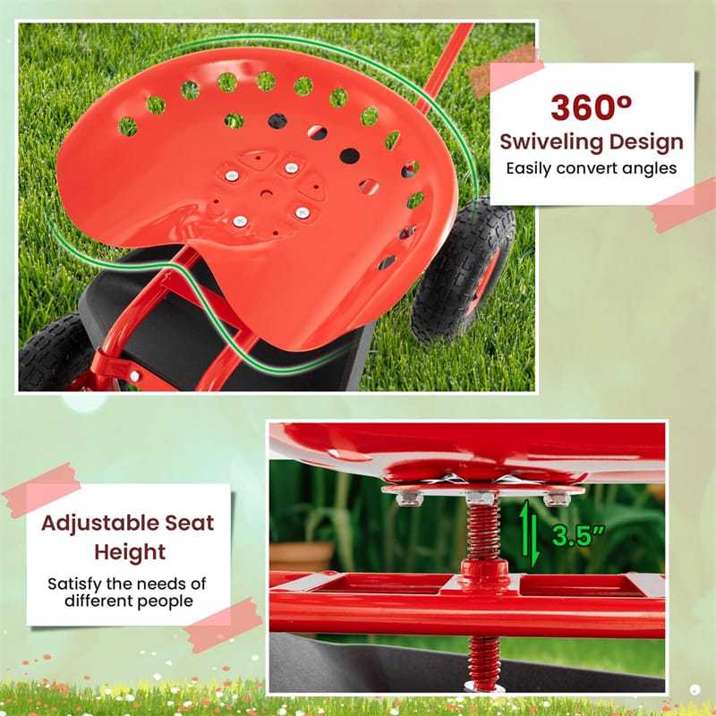 Rolling Garden Cart with 360° Swivel Seat, Extendable Hook Handle, Tool Tray, Storage Basket, Height Adjustable Gardening Workseat on Wheels