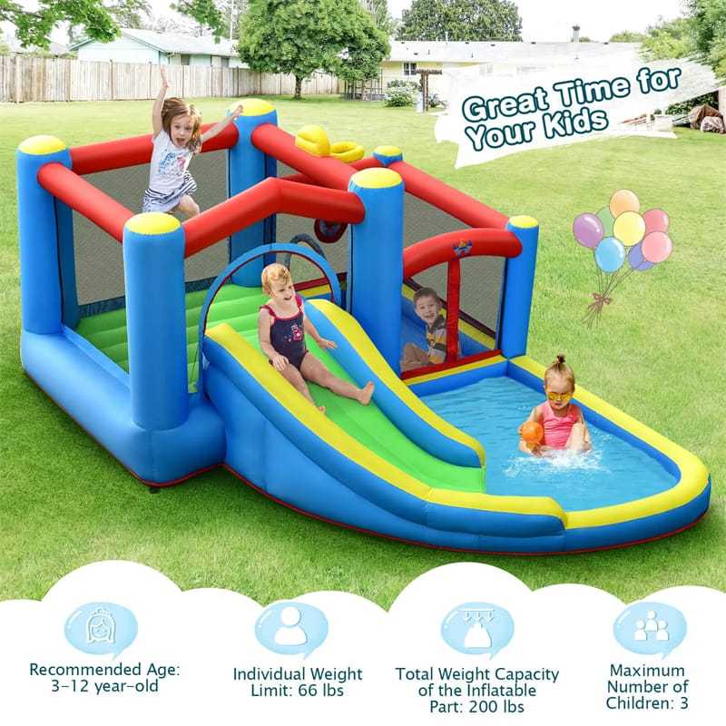 Inflatable Water Slide Mighty Bouncy House Jumper Water Park with Slide, Target Balls, Splash/Ball Pool for Kids Indoor Outdoor Party Family Fun