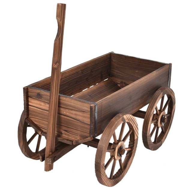 Wood Wagon Flower Planter Pot Stand with Wheels & Drainage Holes, Wagon Garden Planter for Plants & Outdoor Home Decor