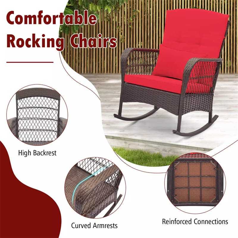 3-Piece Rattan Patio Rocker Set with 2 Rocking Chairs, Tempered Glass Coffee Table & Cushions, Outdoor Bistro Set for Porch, Poolside, Backyard