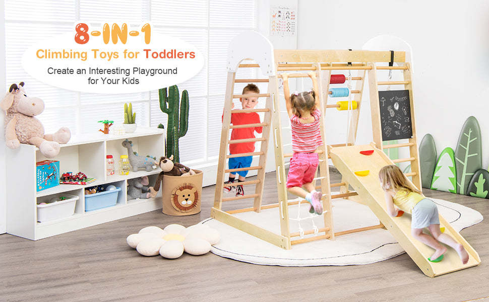 Kids Indoor Playground Jungle Gym 8-in-1 Wooden Toddler Climbing Toys with Slides