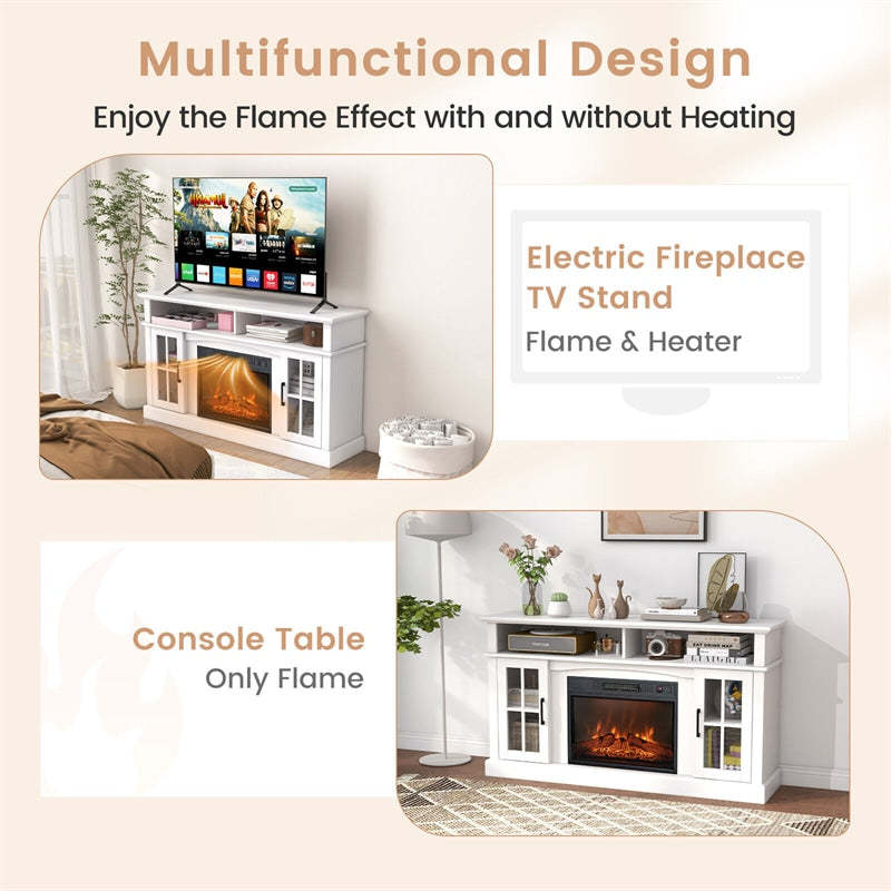 Electric Fireplace TV Stand for TVs Up to 65", 1400W Heater Insert with Remote Control, 3-Level Flame, Overheat Protection, Adjustable Shelves