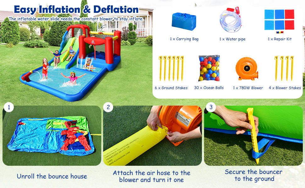 Kids Inflatable Water Slide Jumping Castle Splash Pool with 780W Air Blower