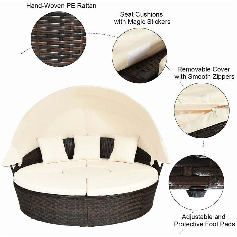 Round Patio Wicker Rattan Outdoor Daybed with Retractable Canopy - Brown
