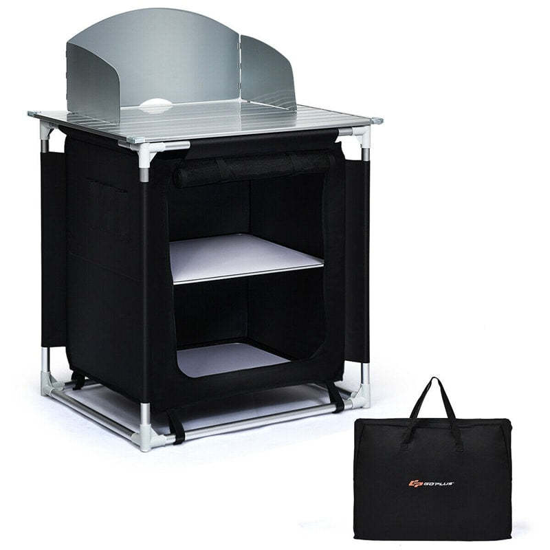 Portable Camping Kitchen Outdoor Cooking Table with Storage Shelves