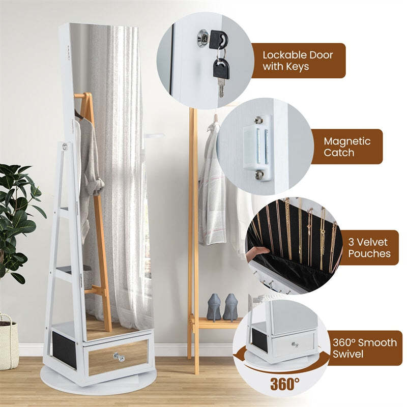 360° Swivel Jewelry Cabinet Armoire, Full-Length Mirror with LED Lockable Jewelry Organizer, Hairdryer Holder, Drawer, Rear Storage Shelves