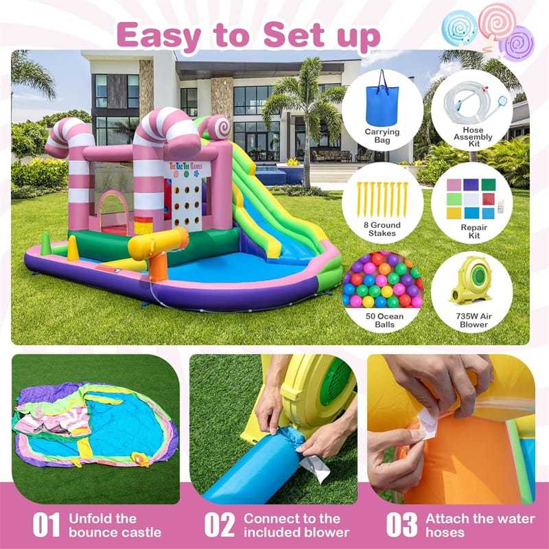 9-in-1 Inflatable Water Slide Bounce House Sweet Candy Bouncy Castle Backyard Waterpark Pool with 735W Blower, Climbing Wall & Tic-Tac-Toe