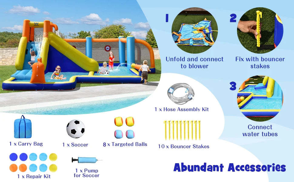 Inflatable Water Slide Bounce House 7-in-1 Water Soccer Giant Waterslide Park with Splash Pool & Climbing Wall without Blower