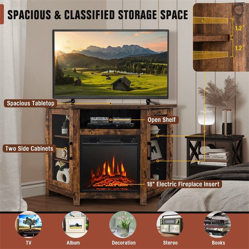 45" Corner Fireplace TV Stand Entertainment Center for TVs up to 50" with 18" Electric Fireplace & Adjustable Shelves