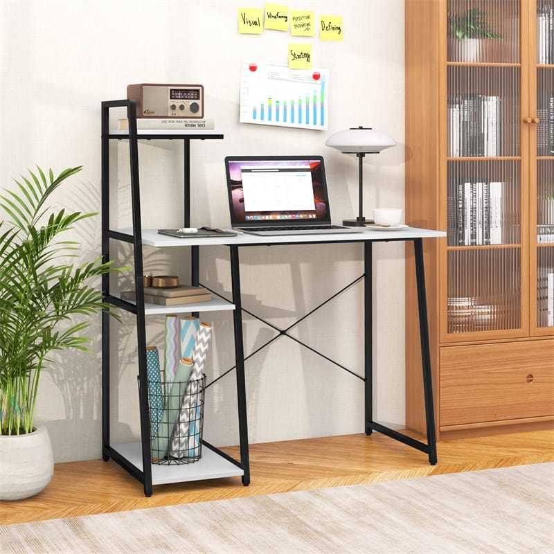 Computer Desk 47.5” Home Office Desk with Side Bookshelf & Host Stand, Metal Frame PC Laptop Workstation Study Writing Desk for Small Spaces