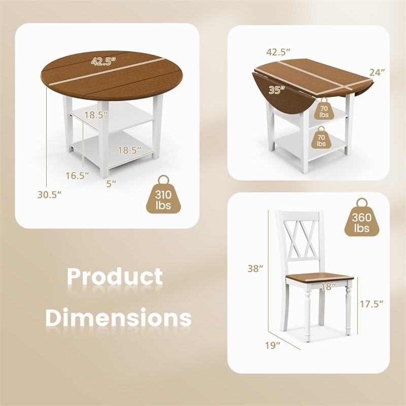 5PCS Solid Wood Dining Room Set Round Drop Leaf Kitchen Table with 4 Chairs & 2-Tier Bottom Open Shelf