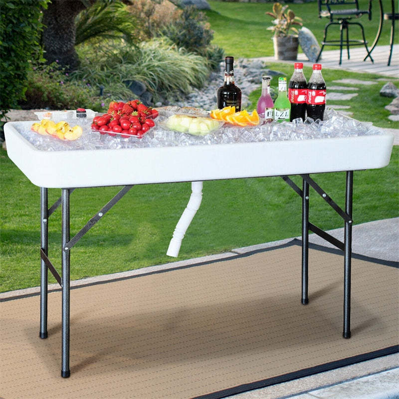4 FT Folding Ice Cooler Table with Removable Matching Skirt & Drain Hose, Patio Foldable Beverage Cooler Table