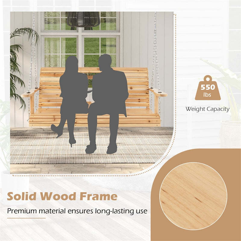 2-Seat Wood Porch Swing with Adjustable Chains & Foldable Cup Holders, Outdoor Hanging Swing Bench for Backyard, Porch, Garden