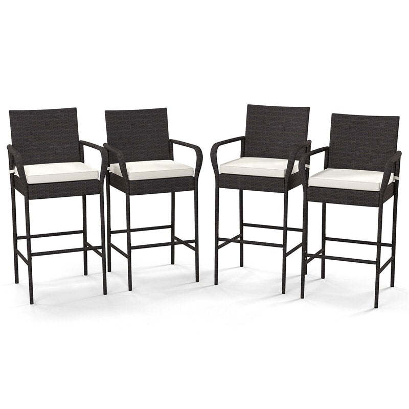 4 Pack Outdoor Wicker Bar Stools 29.5" PE Rattan Patio Bar Height Stools High Back Bar Chairs with Armrests, Cushions, Heavy Duty Metal Frame