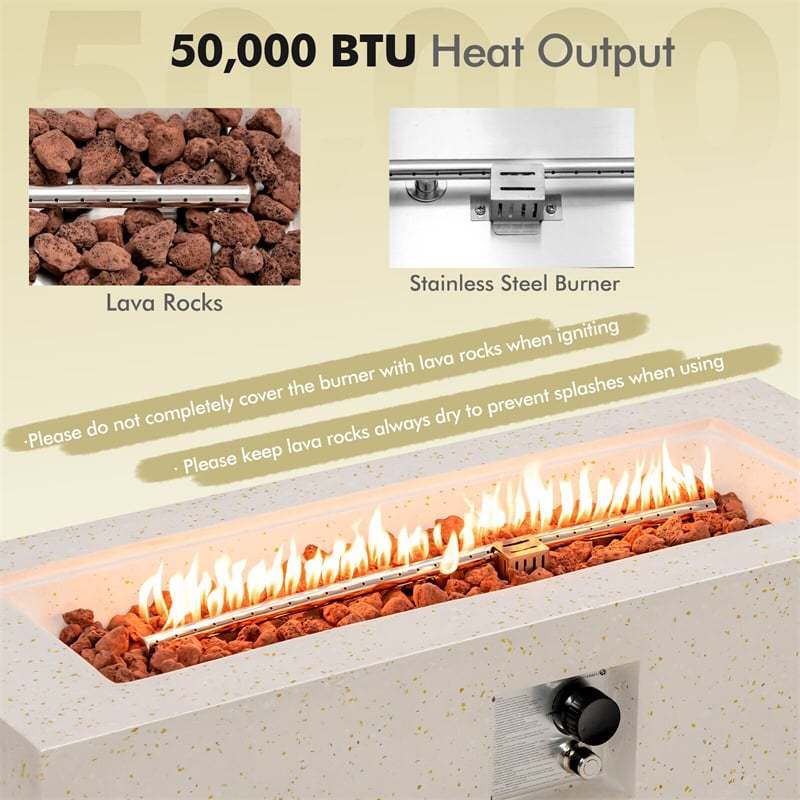 42" Terrazzo Fire Pit Table, 50,000 BTU Rectangle Outdoor Propane Gas Fire Pit with Stainless Steel Burner, PVC Cover, Auto-Ignition, CSA Certified