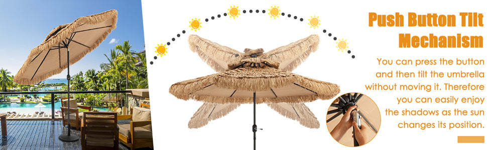 9 ft 2-Tier Thatched Patio Umbrella Hawaiian Style Grass Beach Umbrella with Crank Handle