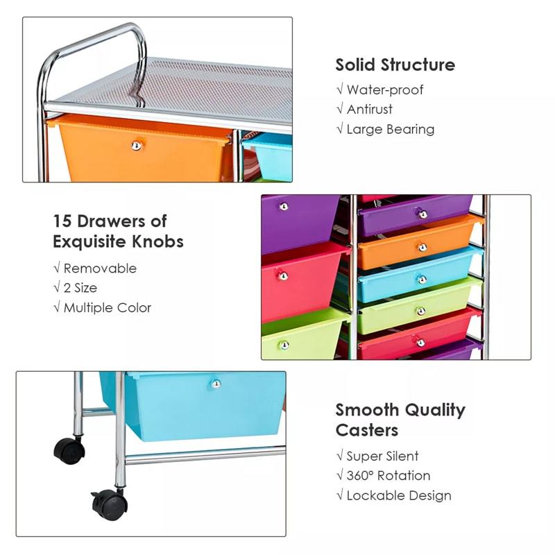 15-Drawer Rolling Storage Cart, Art &  Craft Organizer with Wheels & Removable Drawers for Tools, Scrapbook Paper, Home Office School
