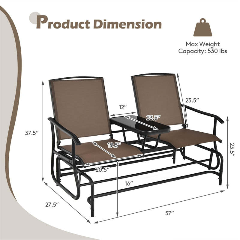 2-Person Outdoor Glider Chair with Center Tempered Glass Table, Steel Frame & Breathable Mesh, Patio Rocking Bench for Porch Garden Poolside