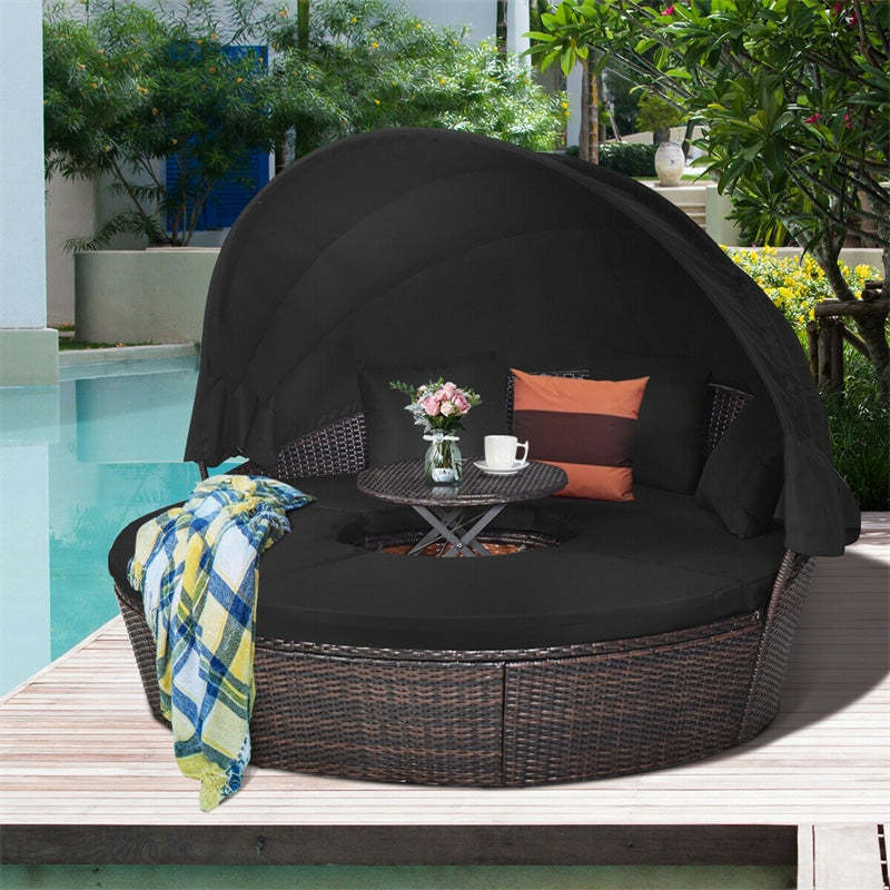 Round Patio Rattan Daybed with Retractable Canopy, Adjustable Coffee Table & Cushions, Outdoor Wicker Sectional Sofa for Poolside, Backyard