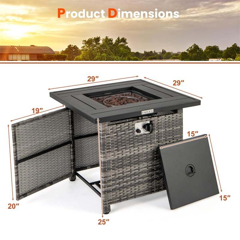 29" Wicker Rattan Propane Fire Pit Table 50,000 BTU Outdoor Square Fire Pit with Lava Rocks, Protective Cover, Heavy-Duty Metal Frame & Tabletop