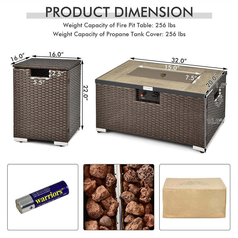 2-Piece Rattan Outdoor Fire Pit Table Set with Hideaway Tank Holder, Lava Rocks & Cover, 40,000BTU Wicker Propane Fire Table for Patio, Backyard