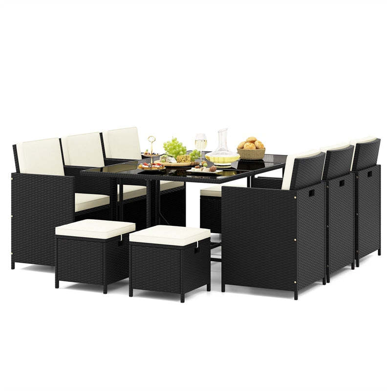 11 Piece Patio Dining Set Space Saving Wicker Chairs Tempered Glass Table Set Outdoor Conversation Furniture with Ottomans, Seat & Back Cushions