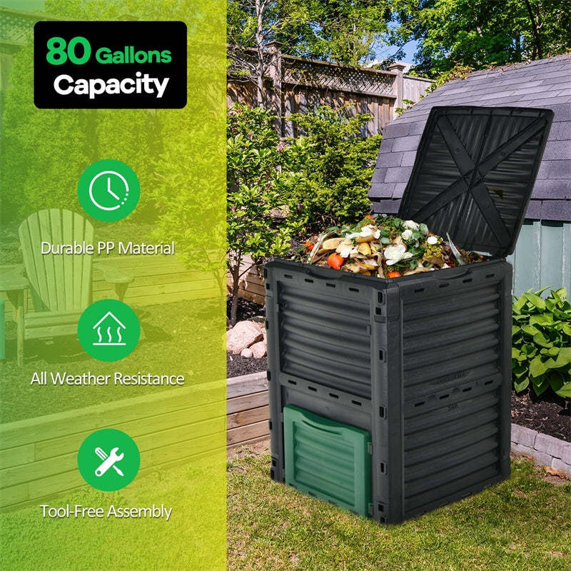 80 Gallon Outdoor Compost Bin, Garden Composter Barrel with Flip Lid & Bottom Exit Door, Composting Box for Kitchen Waste, Grass, Food, Trash