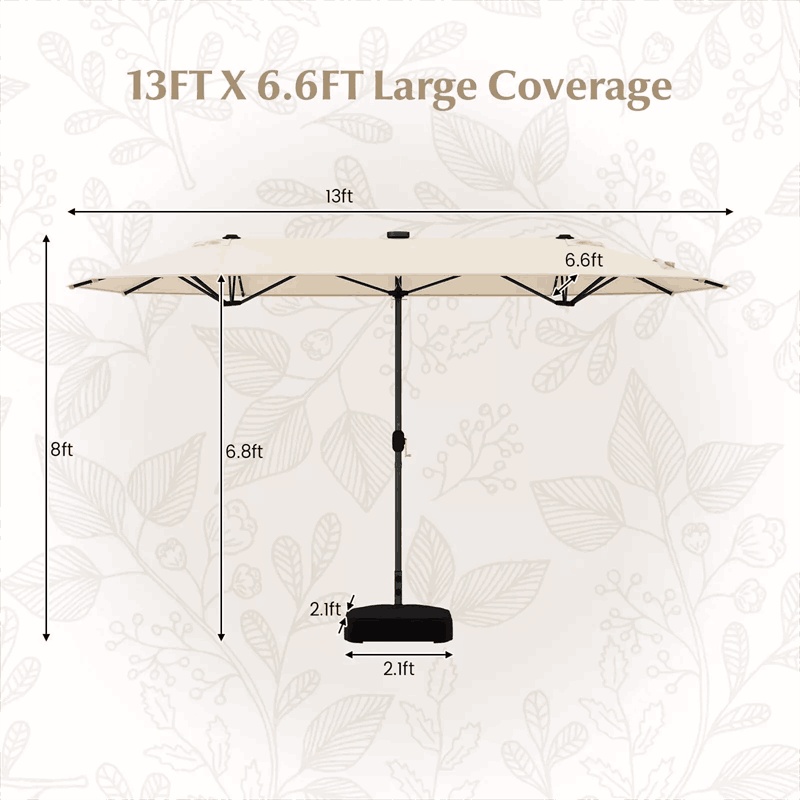 13FT Double-sided Patio Umbrella with Base, 36 Solar LED Lights & Crank Handle, Large Twin Table Umbrella for Poolside, Outdoor Dining