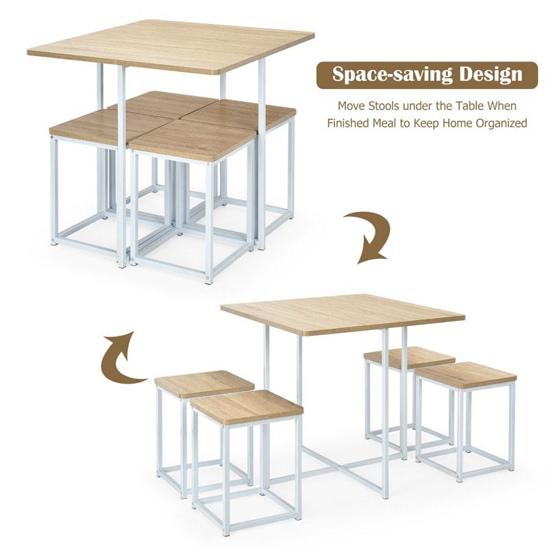5pcs Compact Dining Table Set with 4 Square Stools & Metal Frame for Small Space Pub Apartment
