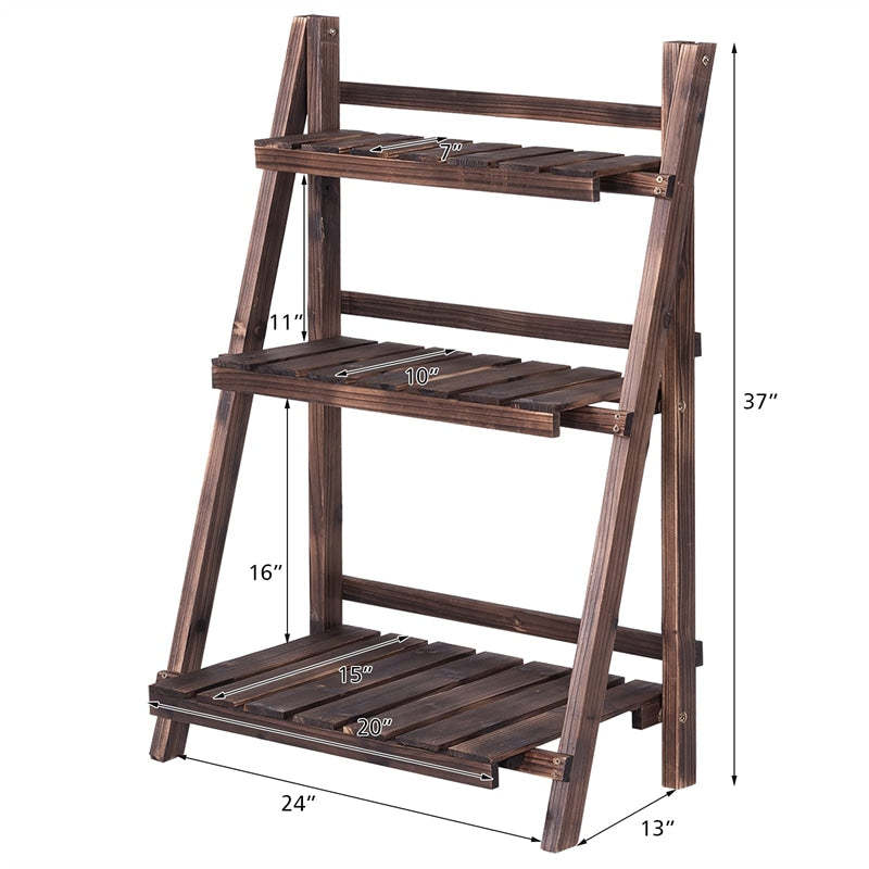 3 Tier Folding Wood Plant Stand Flower Pot Holder Display Rack Foldable Rustic Ladder Shelf for Home Patio Balcony Garden