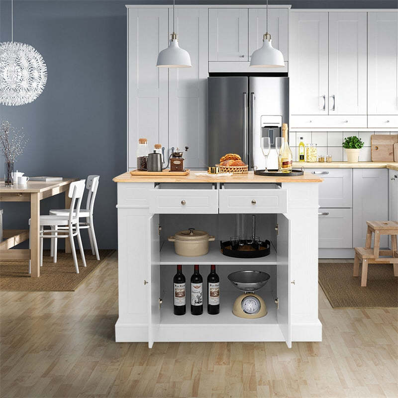 47" Kitchen Island with Drop Leaf, Rubber Wood Top, 2 Drawers, Adjustable Shelves & Spice Racks, Coffee Bar Table for Dining Room Storage