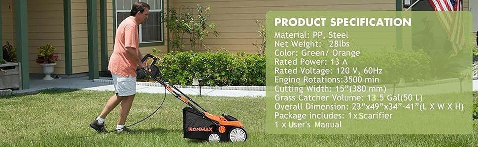 15" 13Amp Corded Scarifier 2-in-1 Electric Lawn Dethatcher with 4 Cutting Heights, 13.5 Gallon Collection Bag & 2 Removable Blades