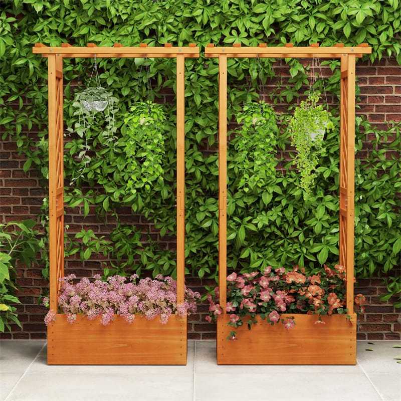 Raised Garden Bed with 2-Sided Trellis, Hanging Roof, Drainage Holes, Indoor/Outdoor Wood Planter Box for Climbing Plants, Vines, Flowers