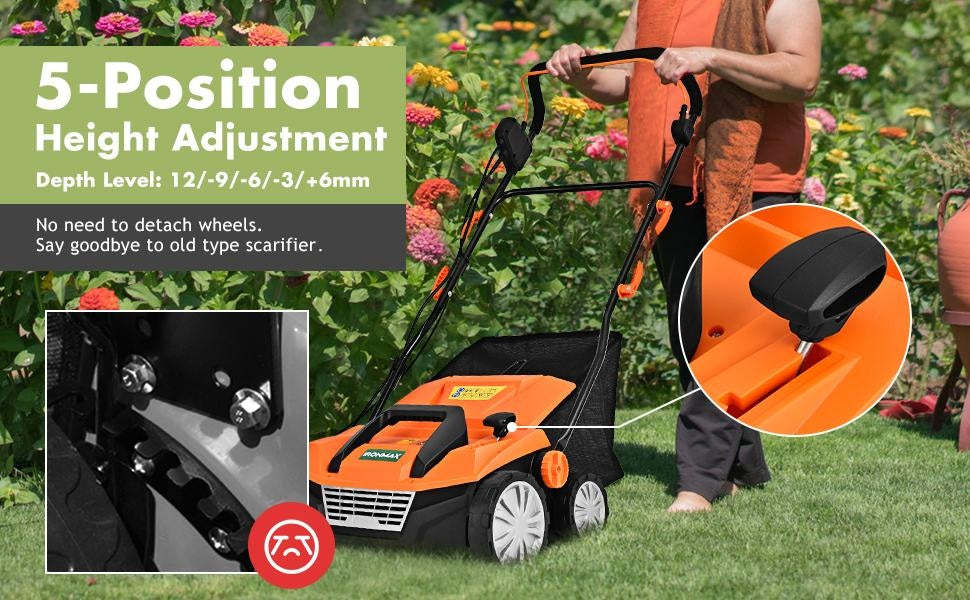 15" 13Amp Corded Scarifier 2-in-1 Electric Lawn Dethatcher with 4 Cutting Heights, 13.5 Gallon Collection Bag  & 2 Removable Blades