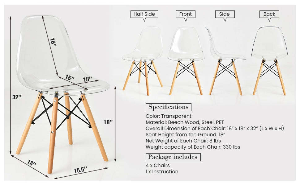 Set of 4 DSW Dining Chairs Modern Plastic Shell Side Chair with Wood Legs