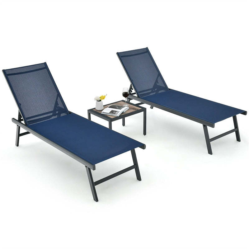 3-Piece Outdoor Aluminum Chaise Lounge Set with Side Table, 6-Position Adjustable Backrest Patio Lounge Chair for Poolside & Backyard