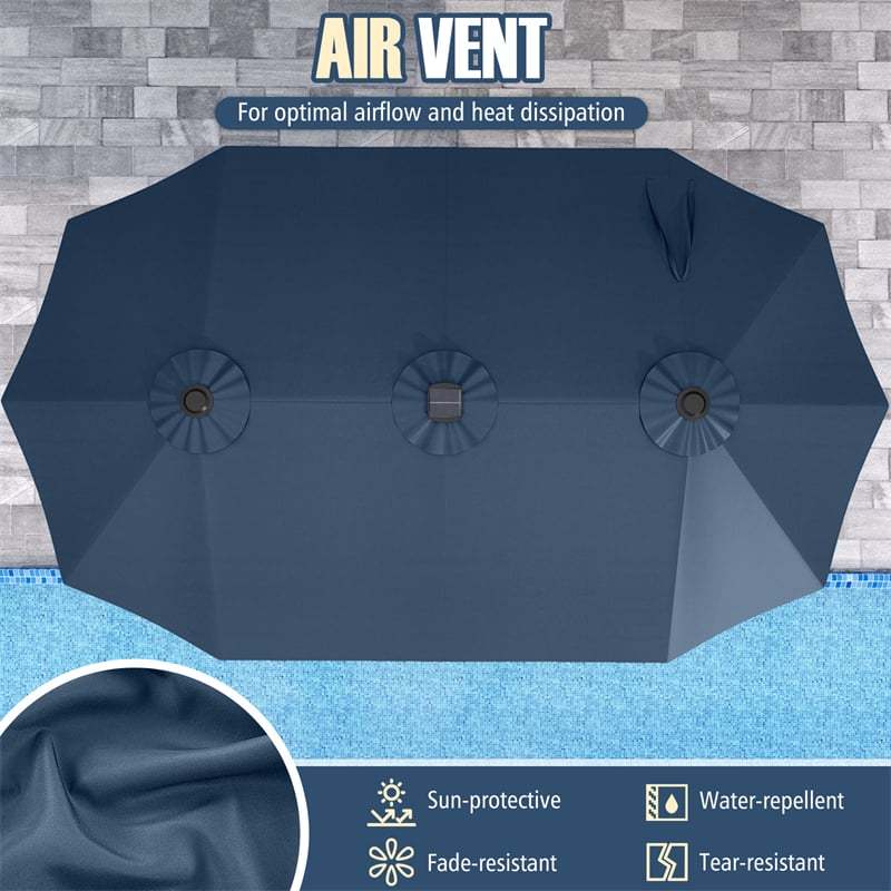 15.5FT Extra Large Patio Umbrella with 144 Solar LED Lights & Crank Handle, 12 Heavy-Duty Ribs Double-Sided Market Umbrella for Deck, Poolside