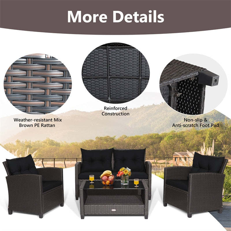 4 Piece Outdoor Rattan Furniture Set, Patio Conversation Set with Lower Shelf Coffee Table, Loveseat, 2 Cushioned Chairs for Garden Backyard