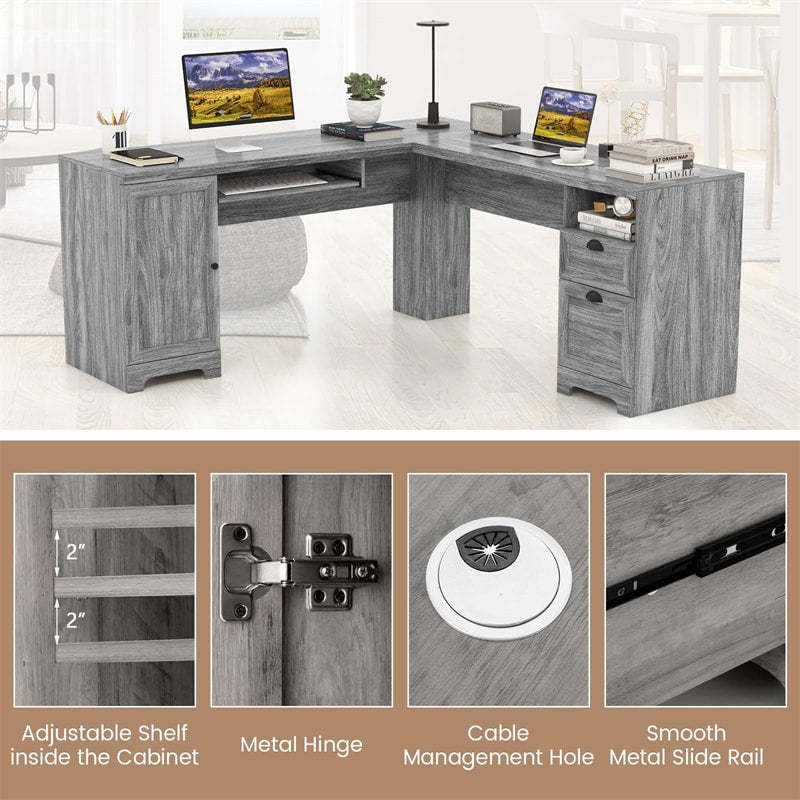 66" L-Shaped Office Desk, Modern Executive Corner Computer Desk with Power Outlets, Storage, Adjustable Shelf, Keyboard Tray for Working Writing