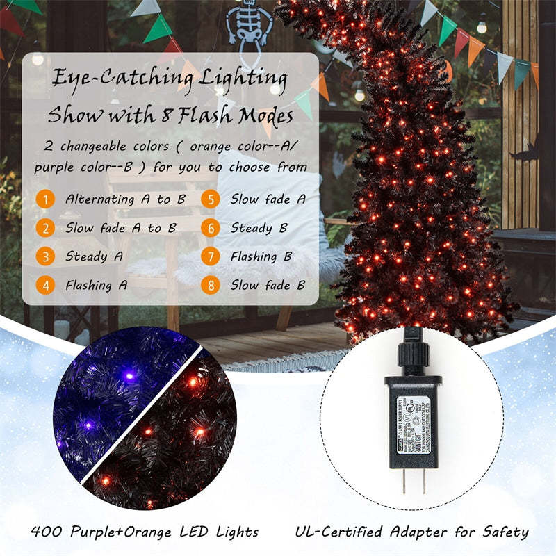 7Ft Pre-Lit Black Halloween Tree Hinged Artificial Christmas Tree with 1050 Tips & 8 Flash Modes 400 Lights