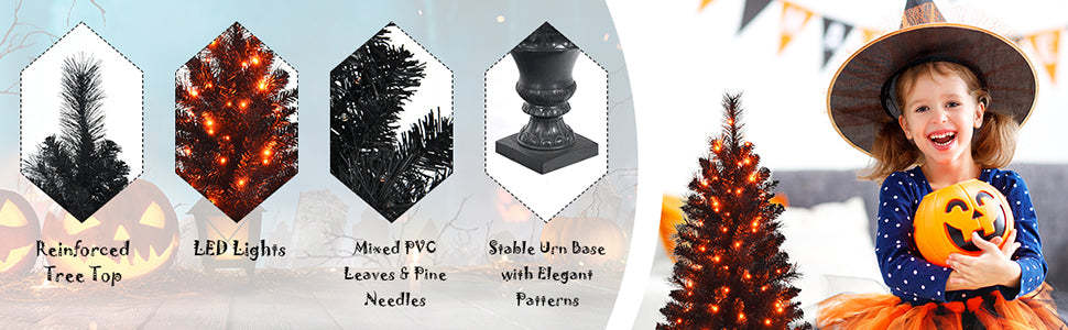 4ft Black Pre-lit Potted Christmas Tree with 100 Orange LED Lights