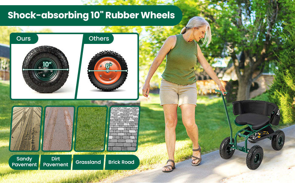 Rolling Garden Cart Gardening Workseat with 4 Wheels & 2 Handles, Height Adjustable Garden Scooter with 360° Swivel Seat & Tool Storage