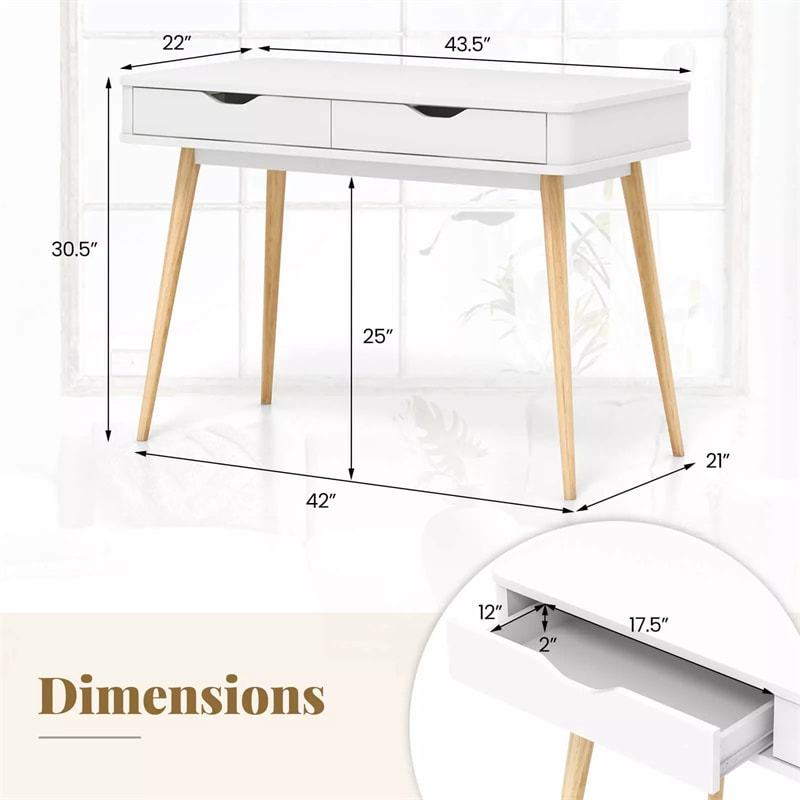43.5" Mid-Century Desk, Modern Writing Study Desk with 2 Drawers & Rubber Wood Legs, Home Office Desk for Small Space, Vanity Table for Bedroom