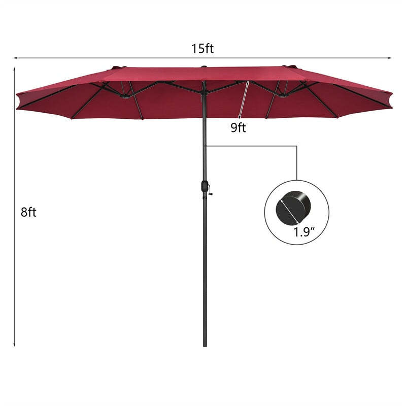 15FT Double-Sided Patio Umbrella with Crank & Air Vents, 12-Rib Steel Market Outdoor Umbrella for Poolside, Garden, Backyard
