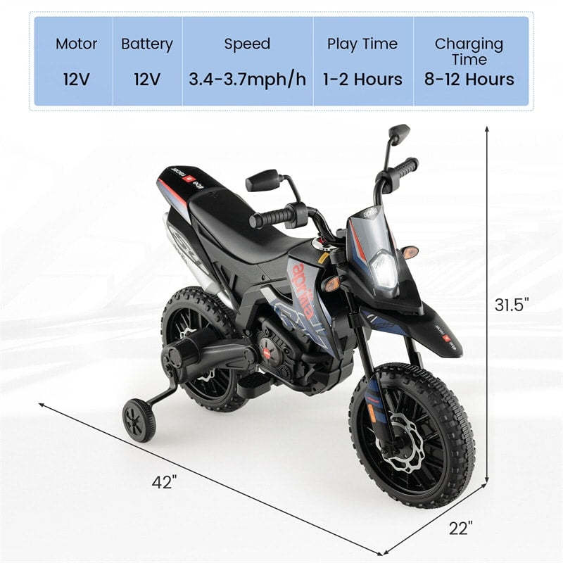 12V Kids Ride On Motorcycle, Licensed Aprilia Electric Dirt Bike with Training Wheels & Headlights, Battery Powered Ride On Car for Ages 3+