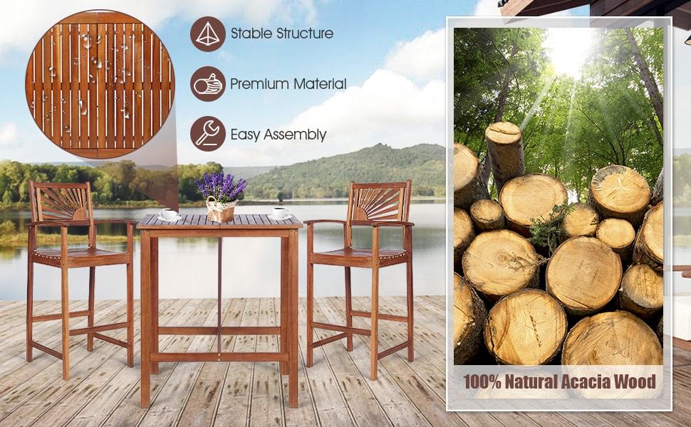 3 Piece Patio Bar Table Stool Set Wood Outdoor Dining Set