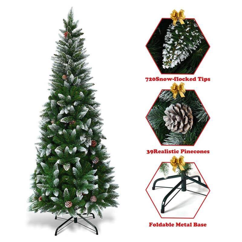7.5FT Artificial Snow-flocked Pencil Christmas Tree with Pine Cones
