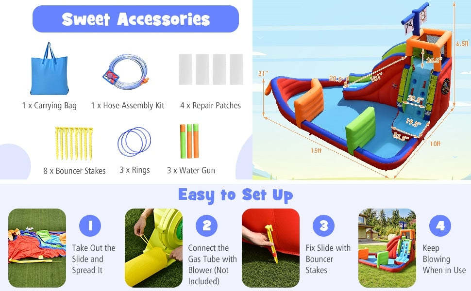 6-in-1 Pirate Ship Giant Water Park Kids Inflatable Water Slide Water Guns without Blower