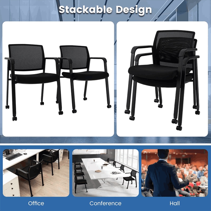 Conference Chairs Set of 2 Mesh Back Stackable Office Guest Chairs Waiting Room Chairs with Wheels & Armrests