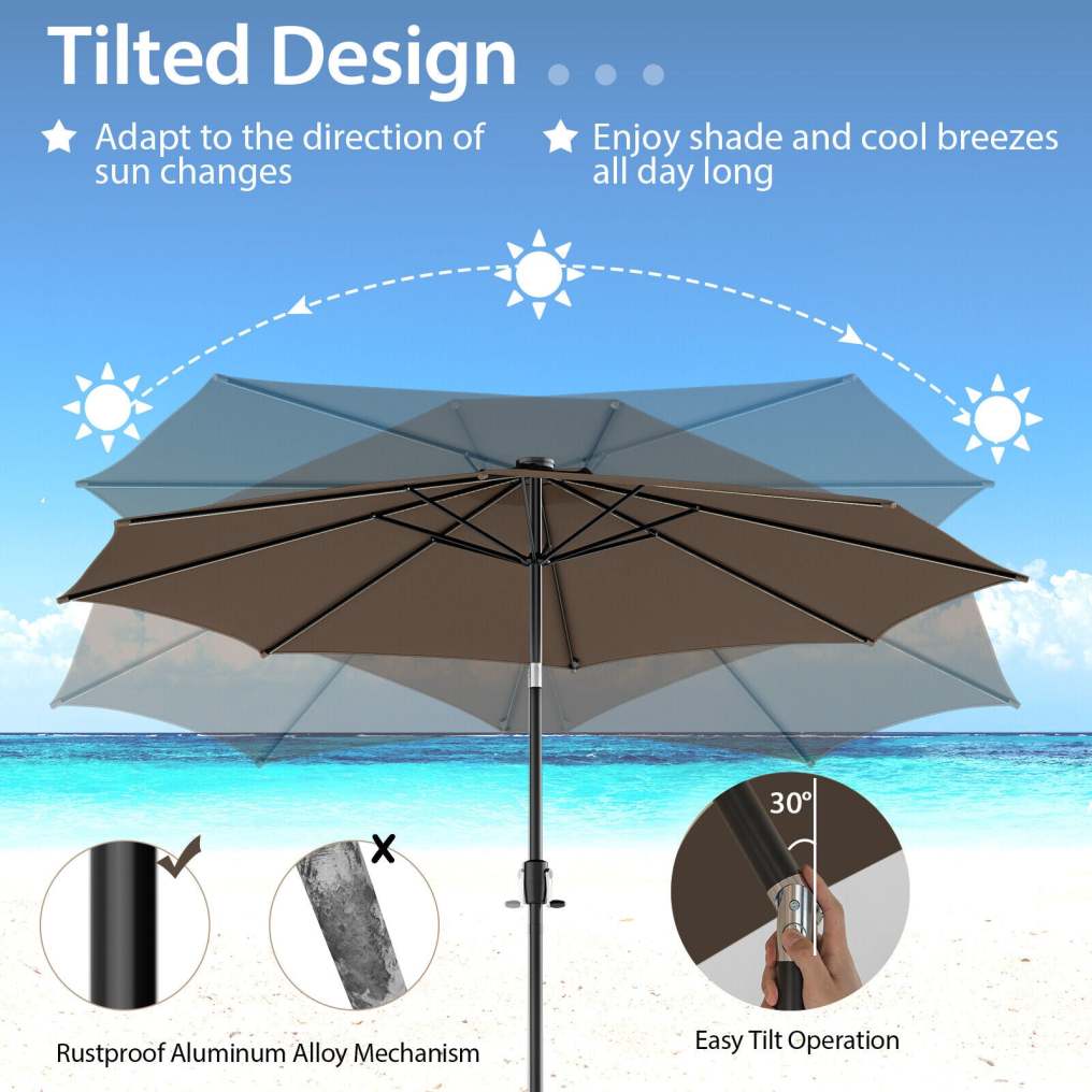 10FT Lighted Patio Umbrella Outdoor Table Market Umbrella with 112 Solar Lights Crank Lifting Handle Tilt System